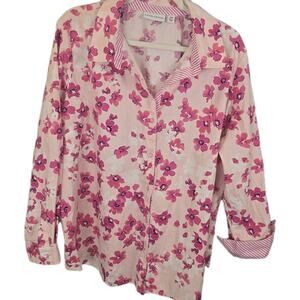 Susan Graver Pretty In Pink Floral Button Front Shirt Womens 20W PLUS Coastal